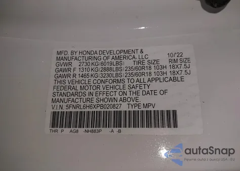 2023 Honda Odyssey Ex-L z USA, uszkodzony, nr VIN 5FNRL6H6XPB020827